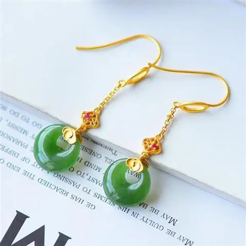 

Xiangyun Natural Hetian Jade Green Jade Safety Buckle Earrings Fairy Long Sterling Silver Gilding Xiangyun Vintage Earrings Fema