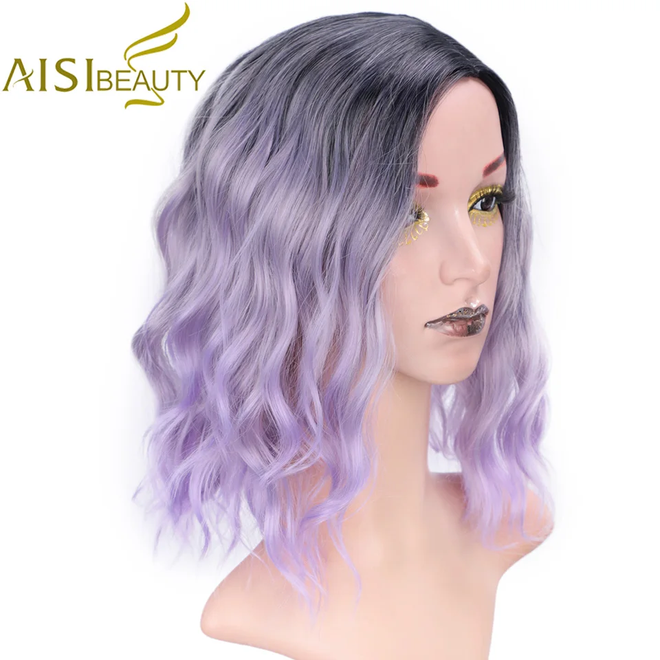 AISI BEAUTY Ombre фиолетовый короткий парик 14 дюймов волна воды синтетические парики для женщин розовый блонд седой милый Косплей Женский накладные волосы
