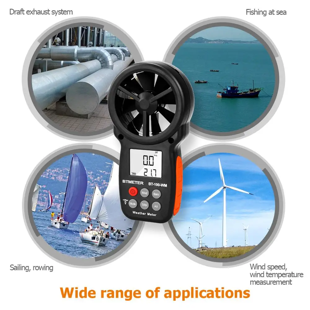 BTMETER BT-100-WM цифровой анемометр барометр ручной, для скорость ветра, температура охладитель ветра тестер влажности