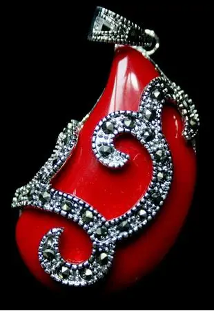 

Unique Red Coral Carved Lacquer Marcasite 925 Sterling Silver Ring(#7-10) Earrings & Pandent jewelry sets