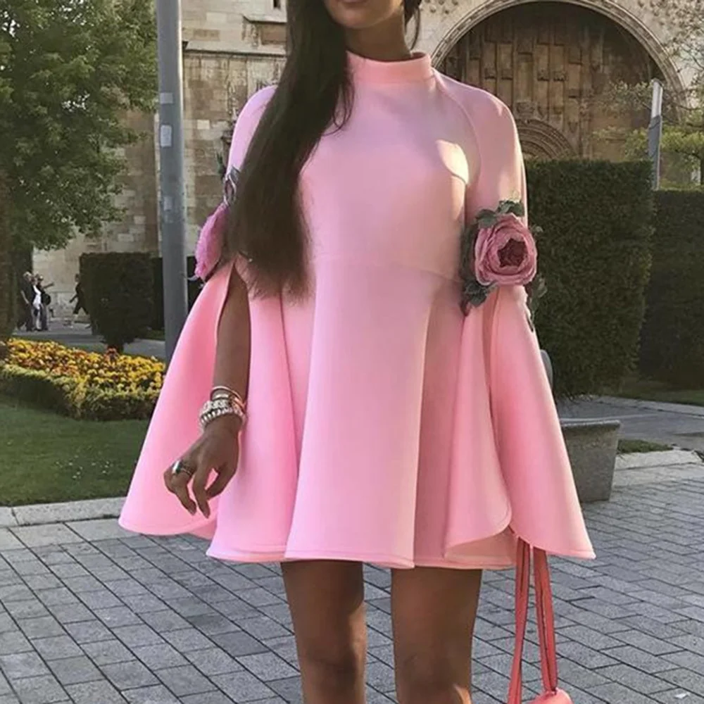 Розовое весеннее короткое платье-накидка в африканском стиле с высокой талией