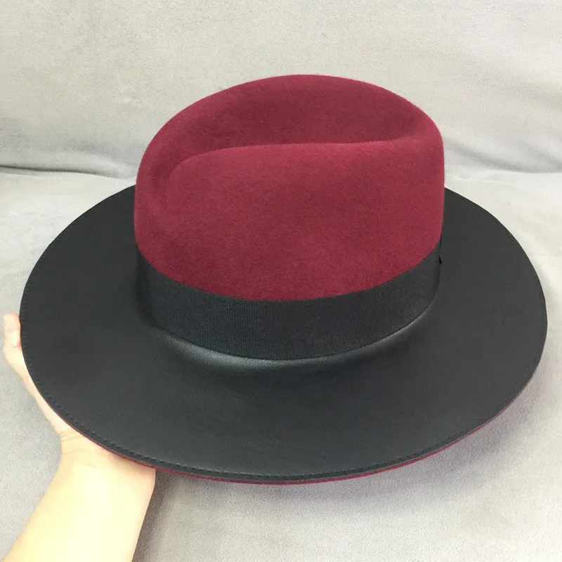 

202101-nao- pige на весну и зиму винно-красного цвета из шерсти, из ПУ кожи, в стиле пэчворк, полями шляпа Fedora Мужская и женская панама джазовая, шляп...