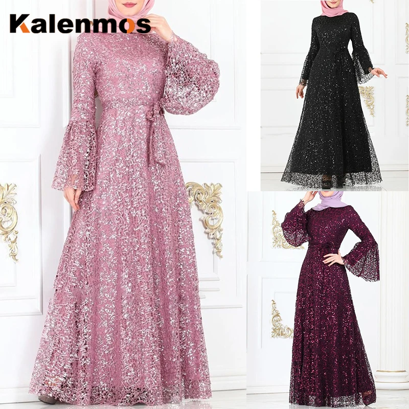 Длинное платье мусульманская женская Арабская одежда абайя макси с блестками и