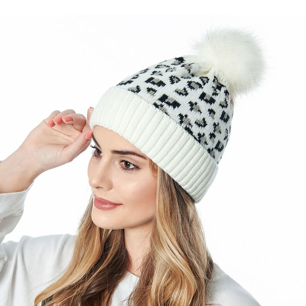 С леопардовым принтом Цвет зимняя вязаная шапка для мужчин и женщин с черепом