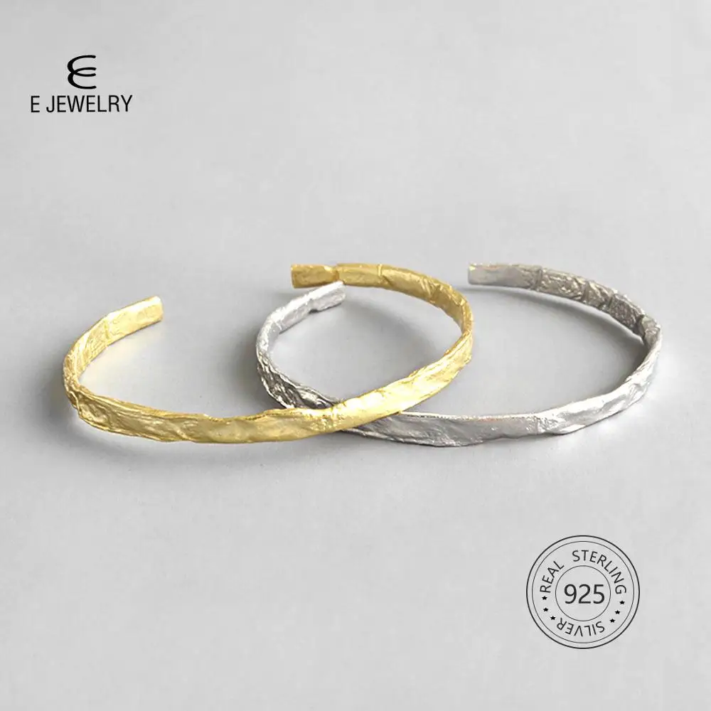 E 925 стерлингового серебра манжета открытие браслет для женщин мужчин золото