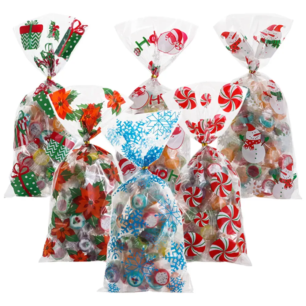 

50 Pcs Plastic Merry Christmas Candy Bags Santa Claus Snowmen Candy Treat Bag Xmas New Year Biscuit Bags Gifts Box Decoration