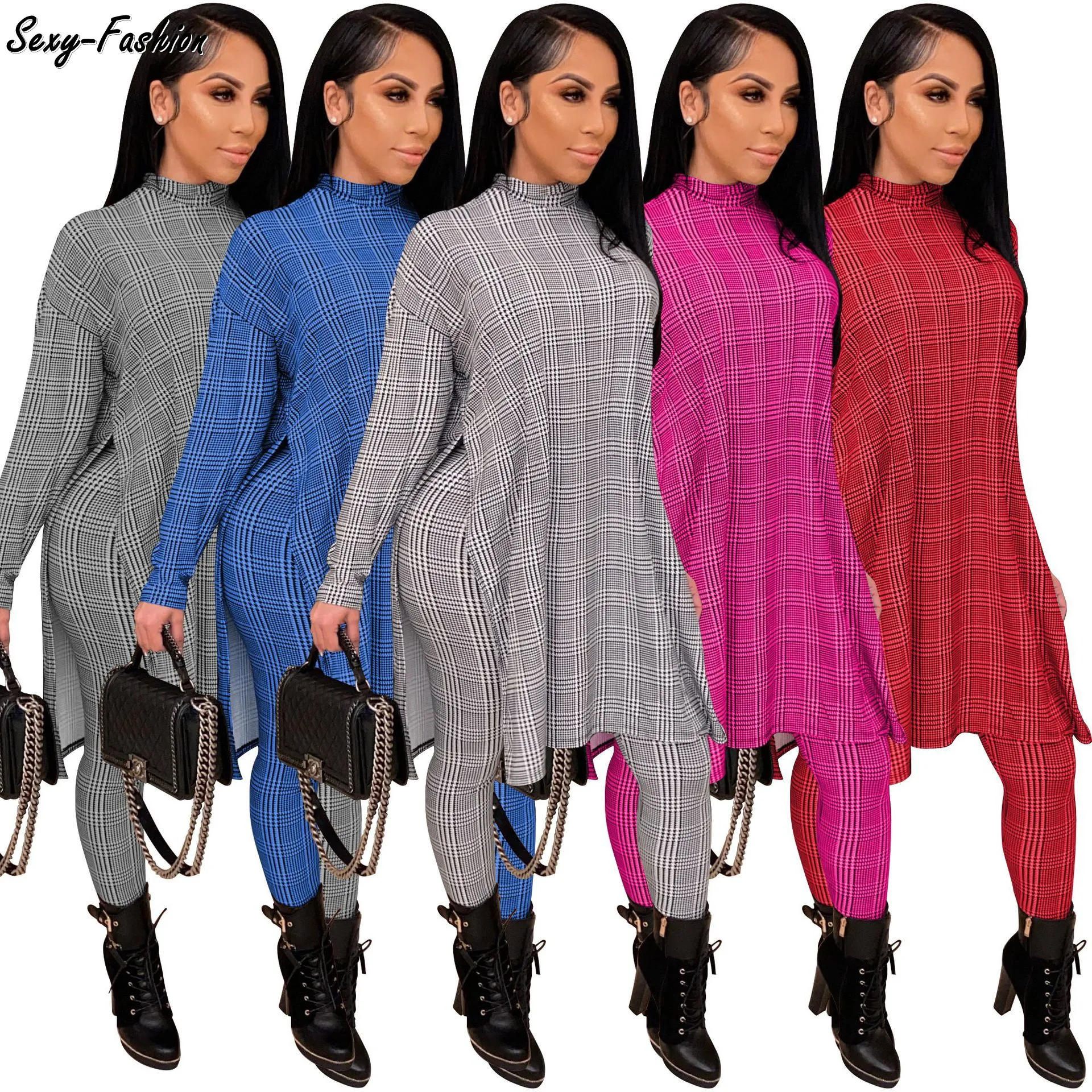 

Somoshein Houndstooth Print Turtleneck Long Tops 2 Piece Pant Sets Womens Leisure Homewear Matching Outfits Fall Winter Clothes