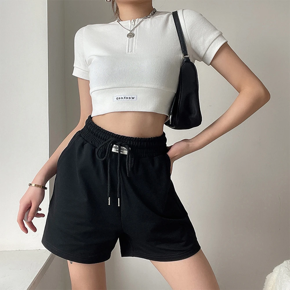 

Summer Casual Shorts for Women High Waist Drawstring Elastic Waist Female Loose Black Shorts Solid Sports Streetwear Harajuku