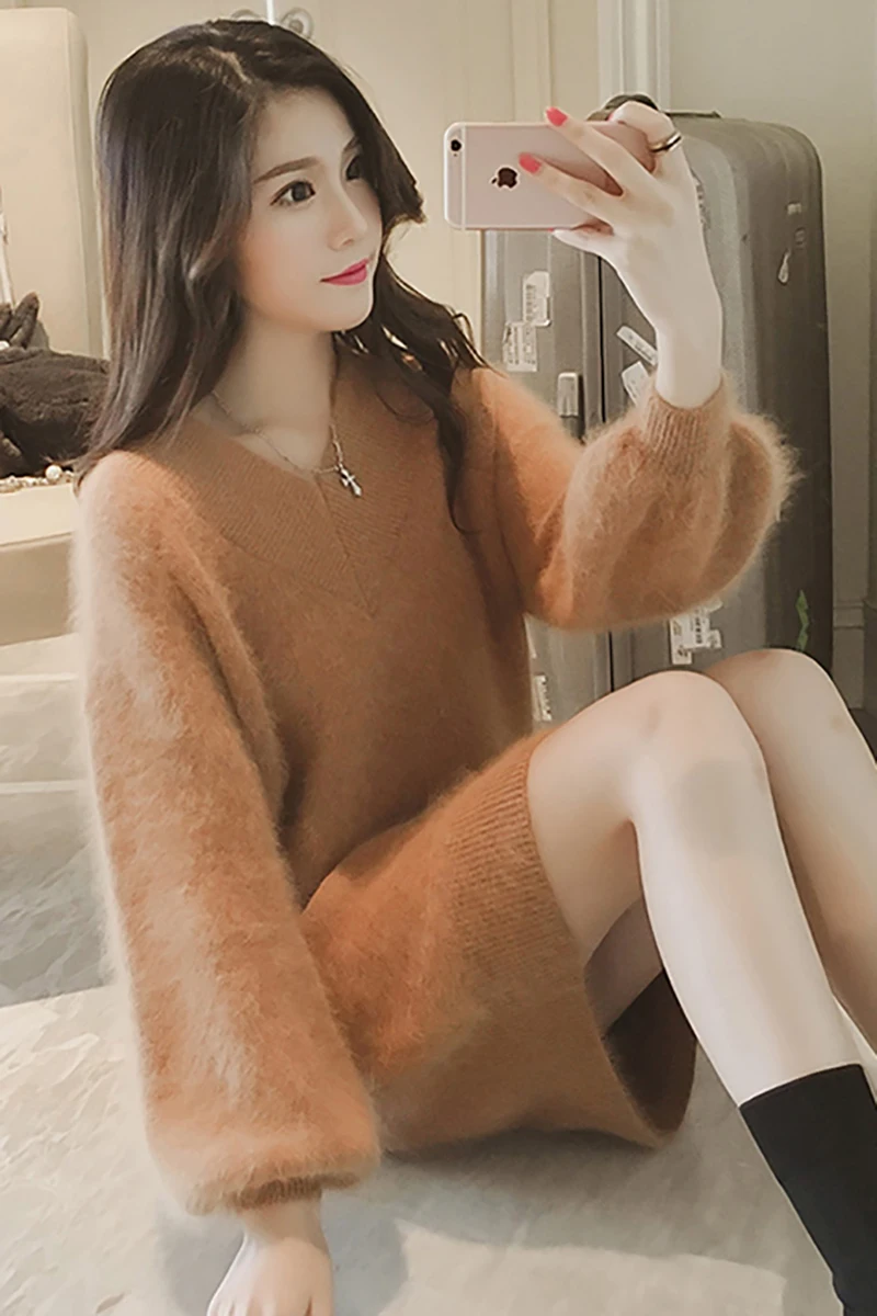 

Thick Lantern Sleeve Black Knit Sweater Dress Female 2019 Autumn Winter New Long Sleeve Korean V-neck Solid Color Short Dresses