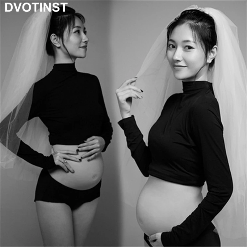 Dvotinst Women Photography Props Maternity Dresses Pregnancy Black Full Sleeve Top Shorts Veil Set Studio Photoshoot Clothes