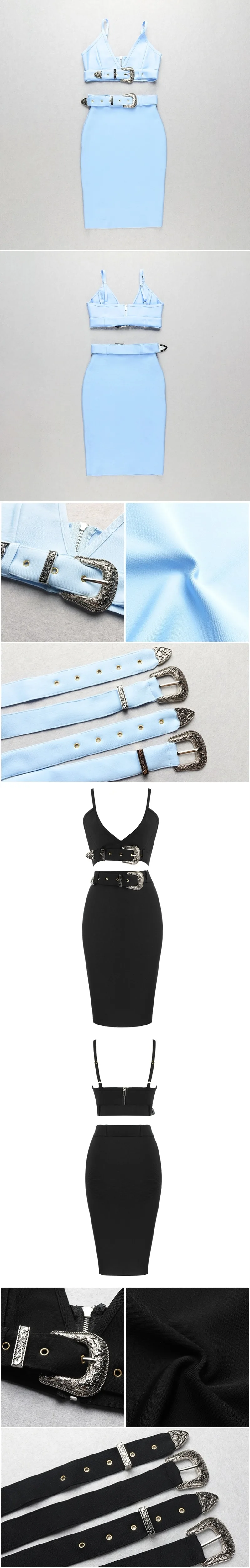 VC All Free Shipping Hot New Trendy Two Pieces Set Sashes Design Sexy Spaghetti Strap Celebrity Party Skirt Suit