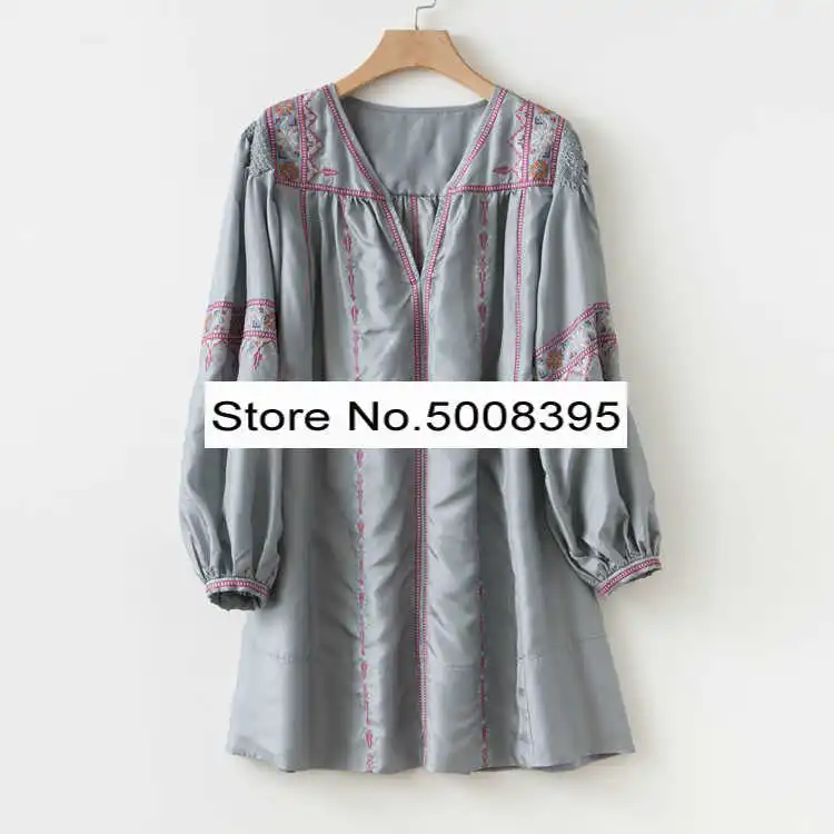 

100% SILK Woman Boho Embroidered Short Dress V-neck Long Sleeves Fashion dress 2021ss new