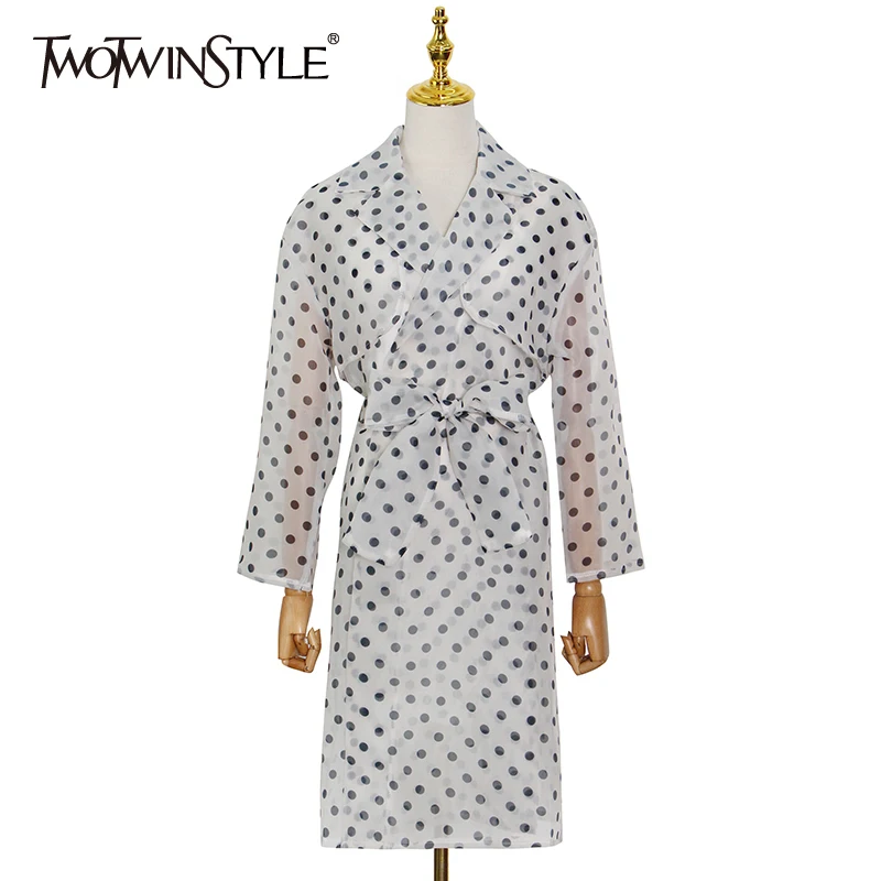 

VGH Polka Dot Trench For Women Lapel Long Sleeve Hit Color High Waist Lace Up A Line Coats Female 2021 Spring Clothing Fashion