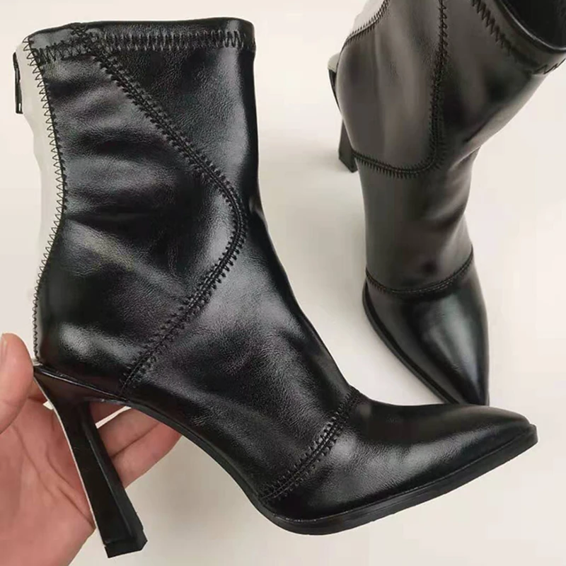 Женские ботильоны из натуральной кожи на высоком каблуке с острым носком|Женские