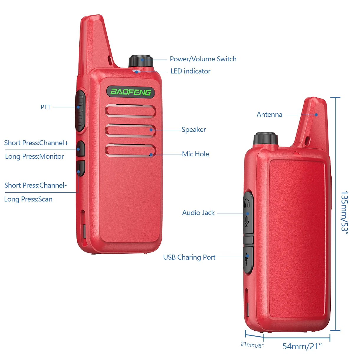 Baofeng BF-T20 Mini Walkie Talkie UHF 400-470MHz For BF-C9 BF-888S KD-C1 Two Way Radio VOX USB Charging Handheld Transceiver