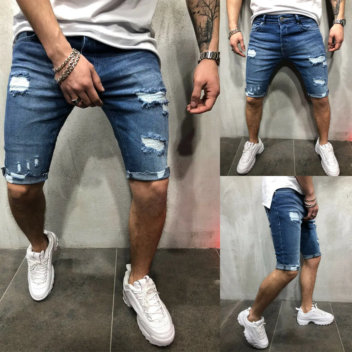 

Brand New New Men shorts Jeans Short Pants Destroyed Skinny jeans Ripped Pant Frayed Denim