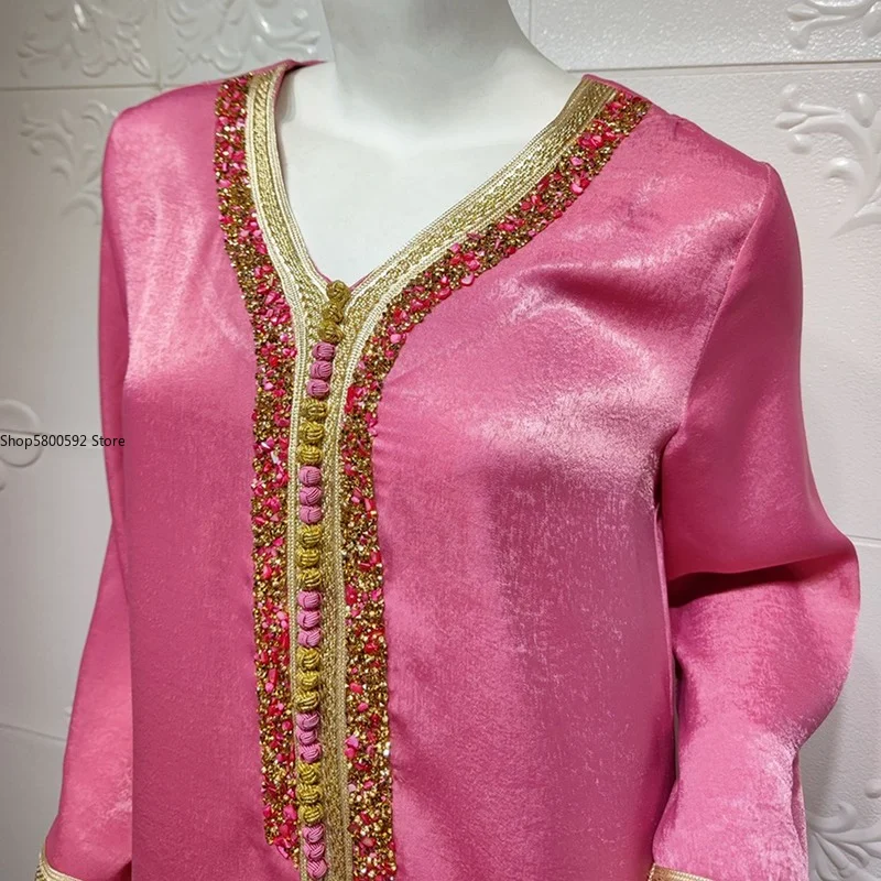 Ramadan Eid Moubarak Pink Abaya Dubai Turkey Islam Muslim Robe Longue Satin Long Hijab Dress Abayas For Women Djellaba Femme