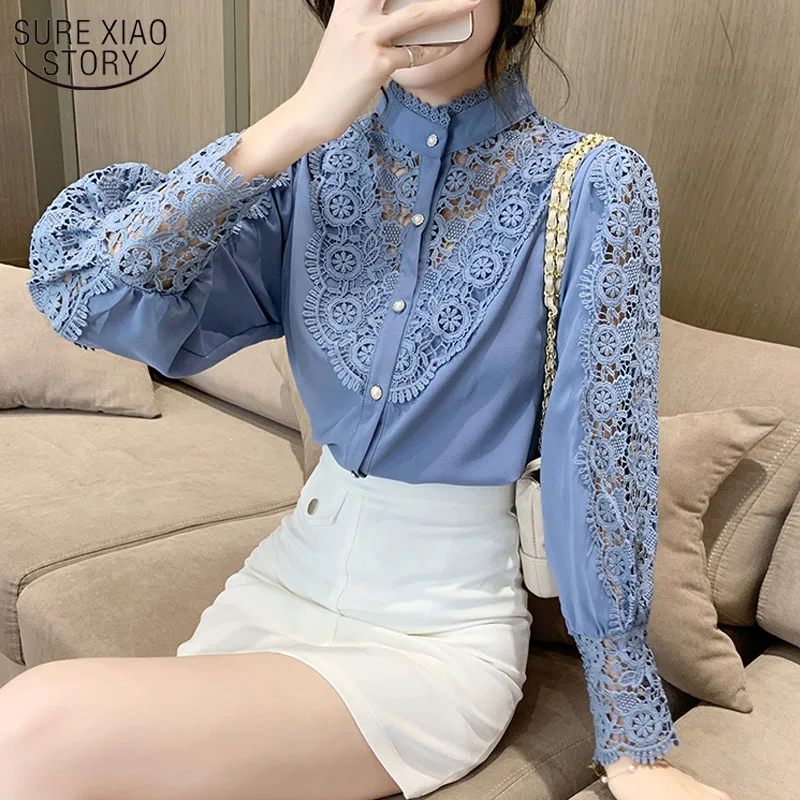 

2021 New Spring Korean Lace Stitching Shirt Chic Hollow Flower Buttons Ladies Top Sweet Stand Collar Long Sleeve Blouse Women