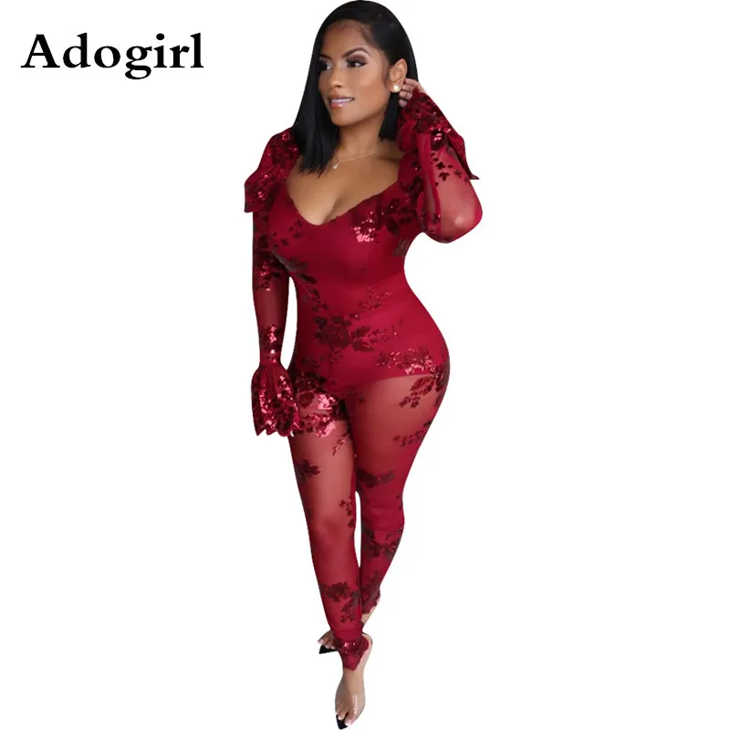 Красный цвет Sequiend сетки с расклешенными рукавами широкие ноги комбинезон