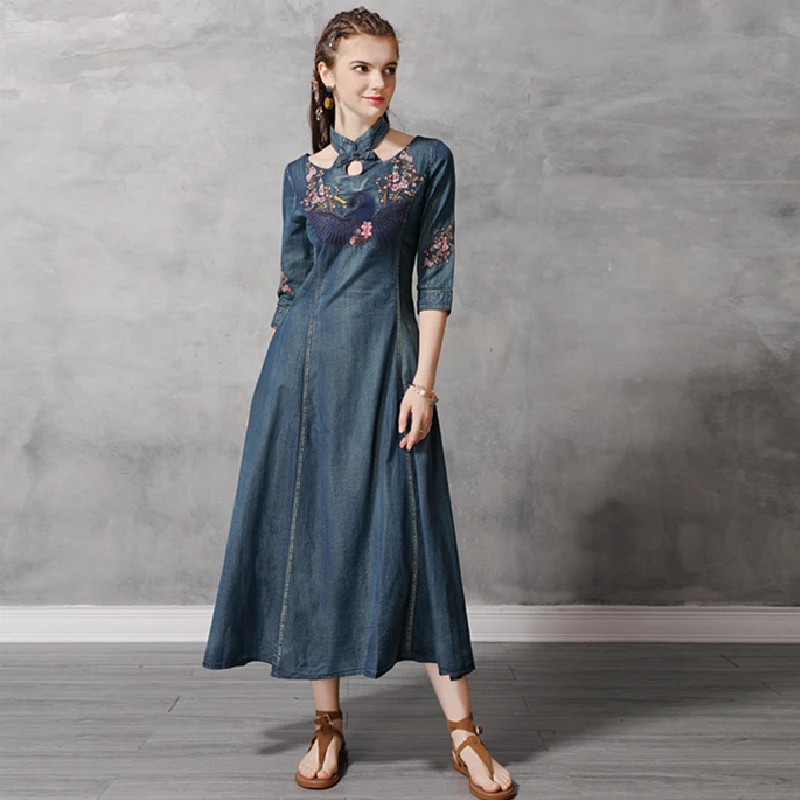 

Spring Dress Women Elegant Slim Fashion Denim Dress Female Vintage Embroidery Casual Dresses High Quality Ladies Vestidos QX285