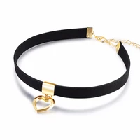 fashion gold color heart choker necklace women wide black flannel collar necklaces pendants neck chain lady jewerly