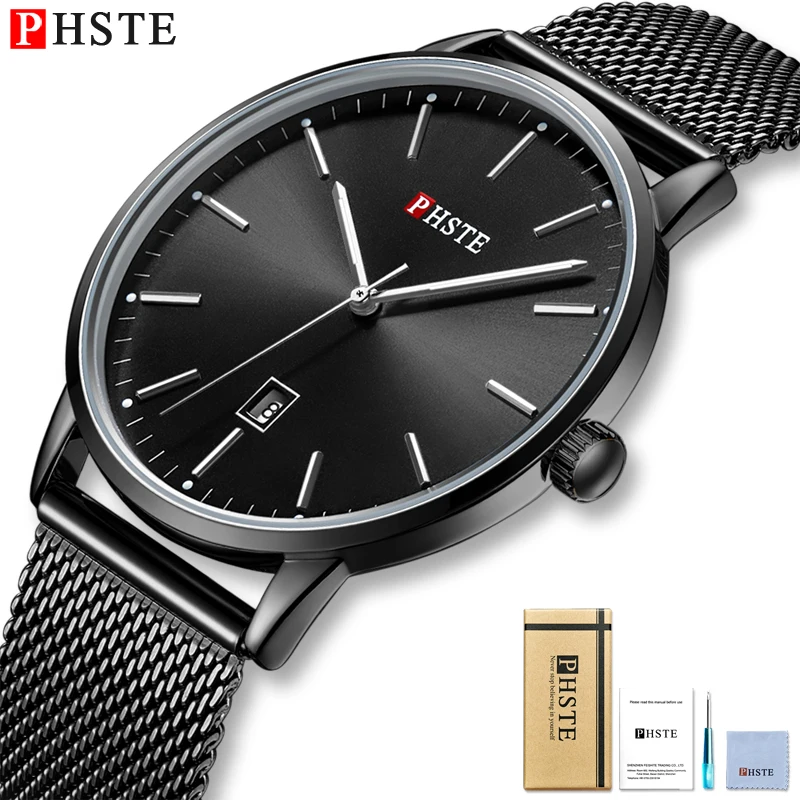 PHSTE Men Quartz Watch Japan Movt Luminous Date Thin Clock Waterproof Black Steel Mesh Luxury Male Wrist Watch Relogio Masculino