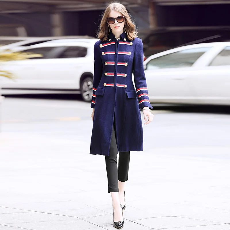 

High Quality Brand Winter Outerwear Women Turn-down Collar Striped Patchwork Long Sleeve Wool Blend Coat Jacket