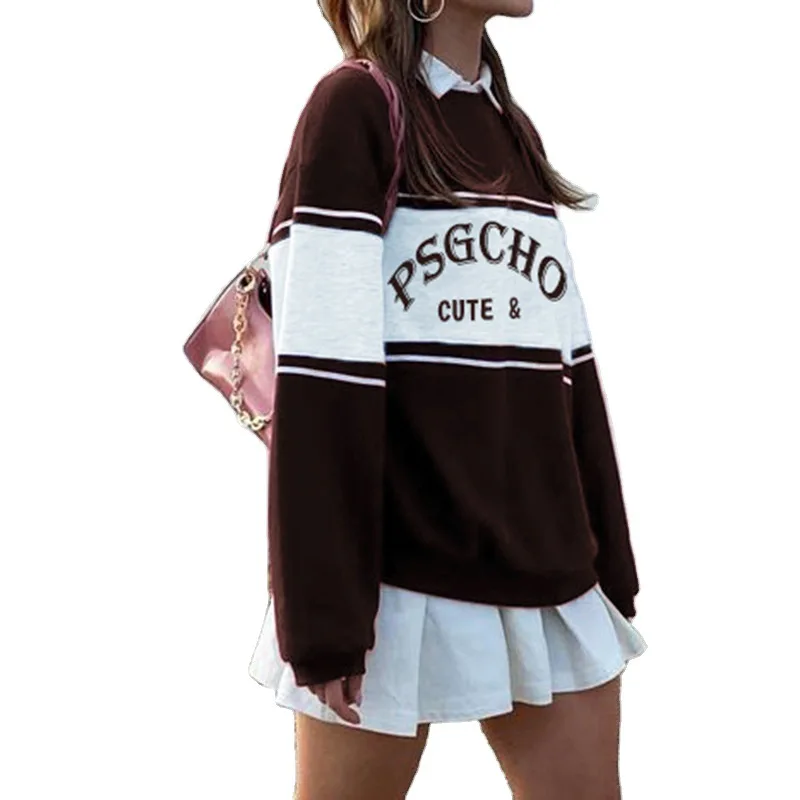 

Brown Letter Printing Sweatshirt Women O Neck Plus Size Loose Vintage Pullover Long Sleeve New Fashion Tops Spring Autumn 2021