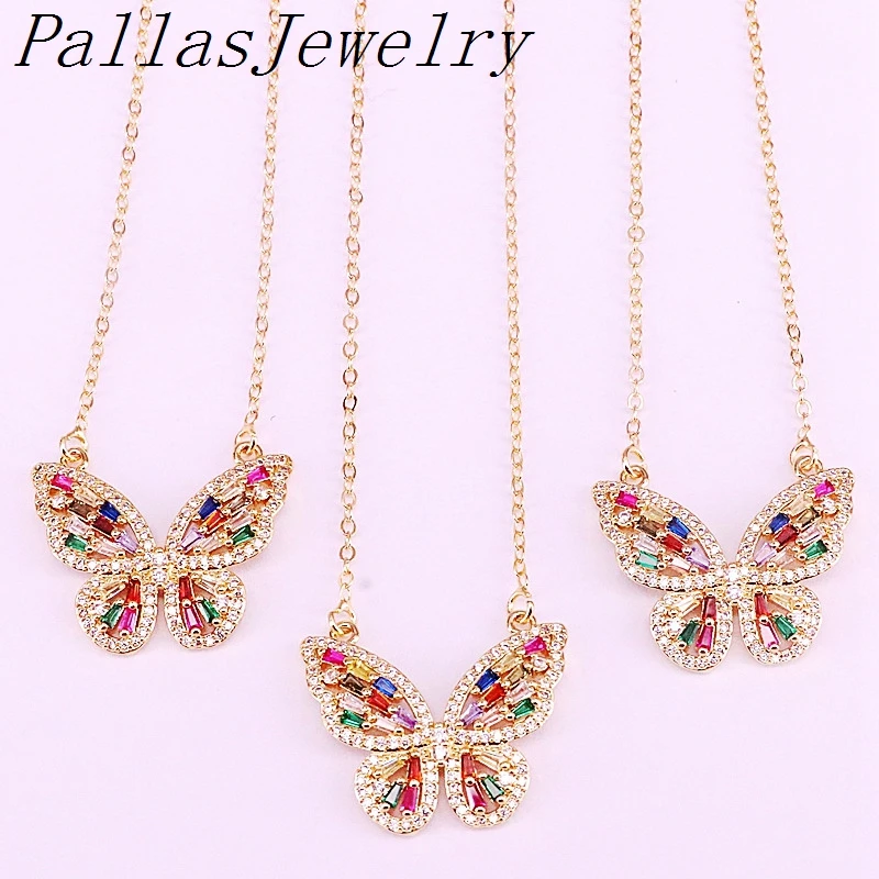 

8 шт. позолоченное многокристальное циркониевое красочное CZ ожерелье с бабочкой для женщин