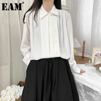 eam women white casual pleated big size blouse new lapel long sleeve loose fit shirt fashion tide spring summer 2022 1dd8636
