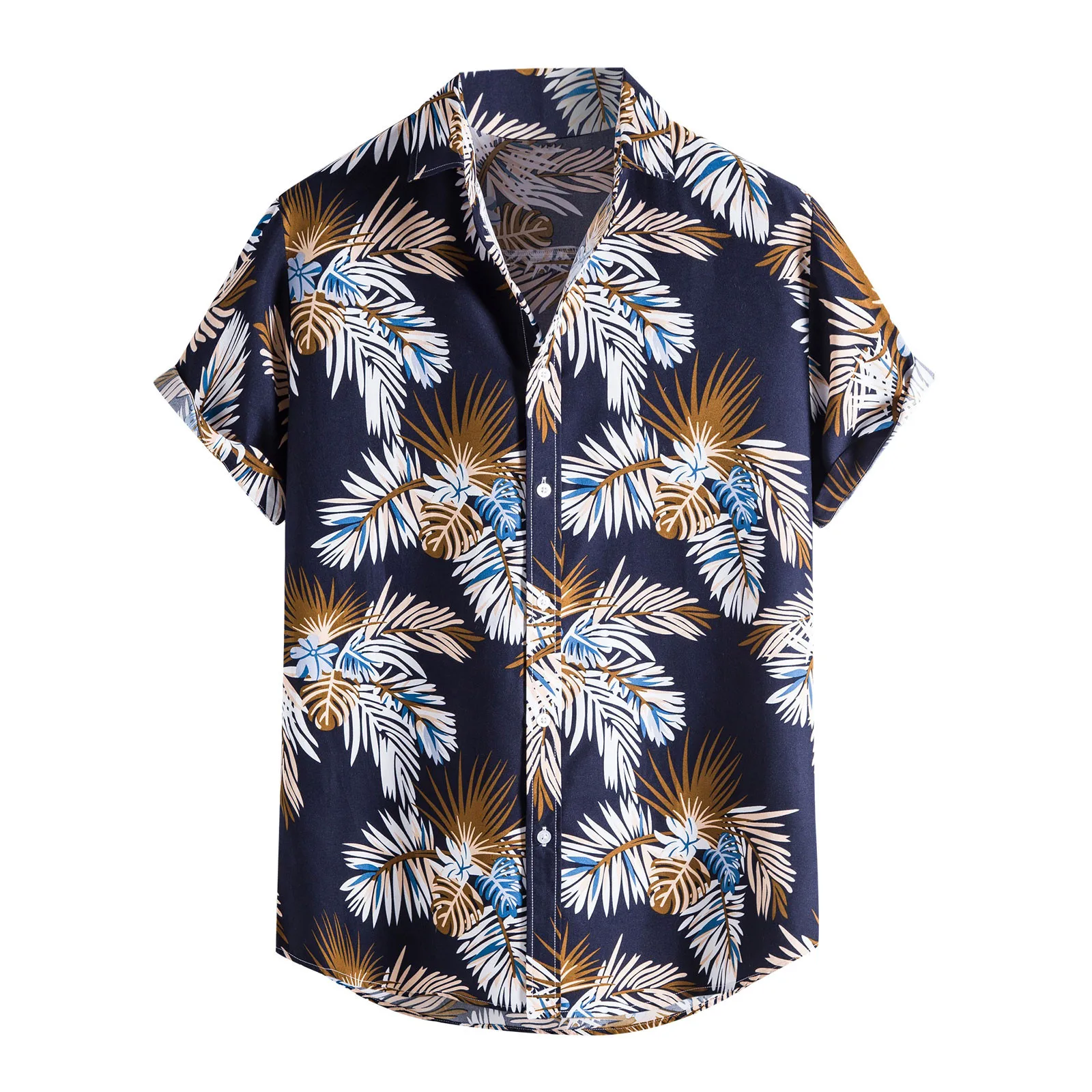 

Гавайская рубашка для мужчин, этническая сорочка с принтом листьев, короткий рукав, отложной воротник, на пуговицах, повседневная одежда, ле...