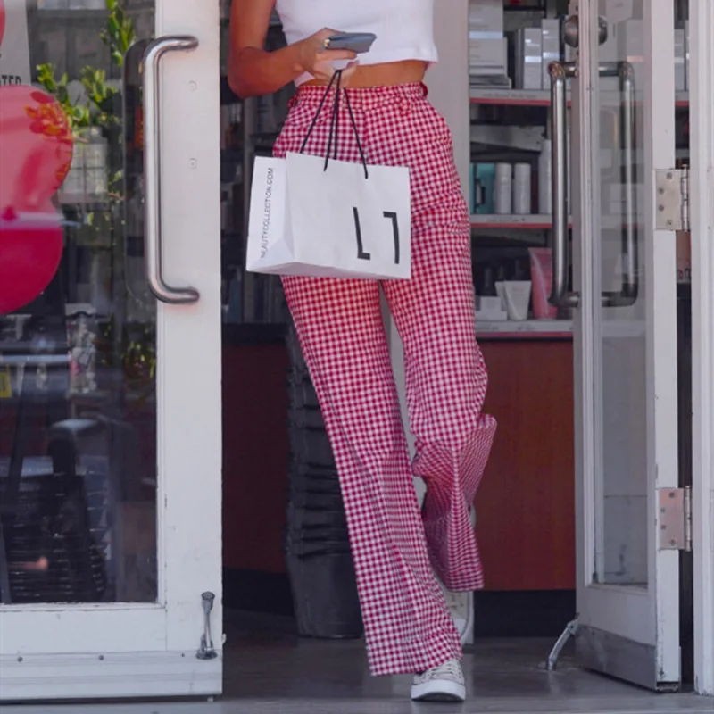 

Spring Fall Women Casual Middle Waist Sweet Pink Plaid Pants Straight Long Trousers Ladies Fashion Streetwear Tide Outfit Female
