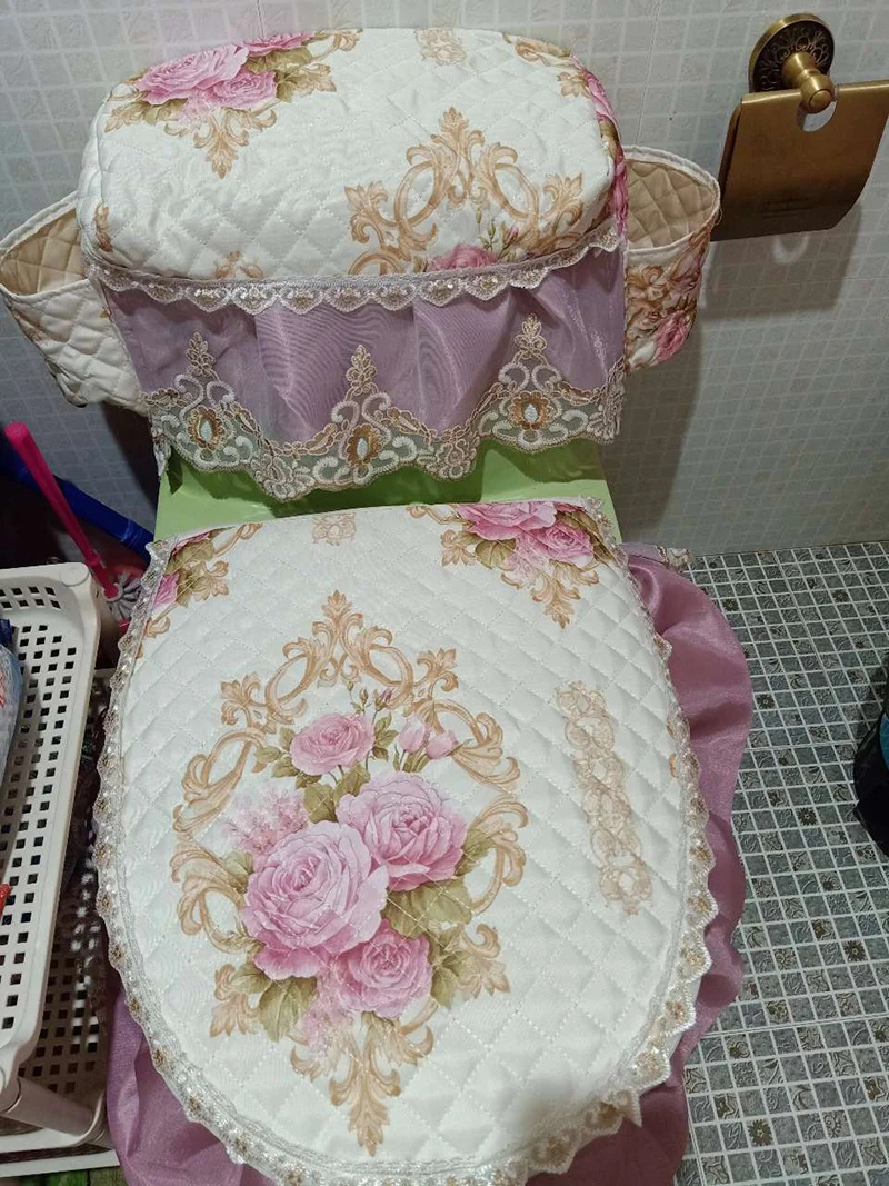 fyjafon 3pcs toilet seat cover washable embroidery toilet cover tank cover with storage bags printed lace bathroom toilet cover free global shipping