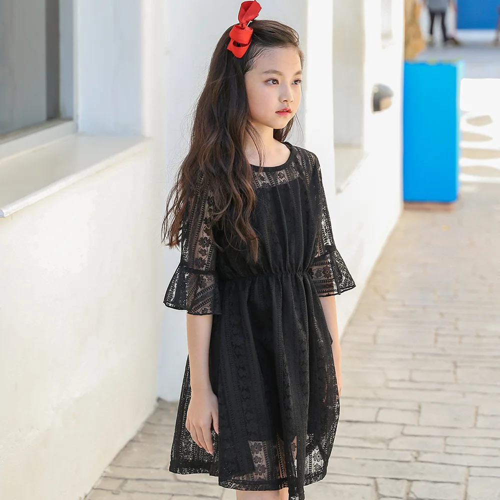 Girls Dress Summer Princess Party Frocks Black White Flare Sleeve Lace for Teens Girl 6 8 10 12 14 Years Children Clothes | Детская