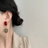 french retro red coin baroque hong kong style metal green fashionable exaggerated atmosphere earrings women