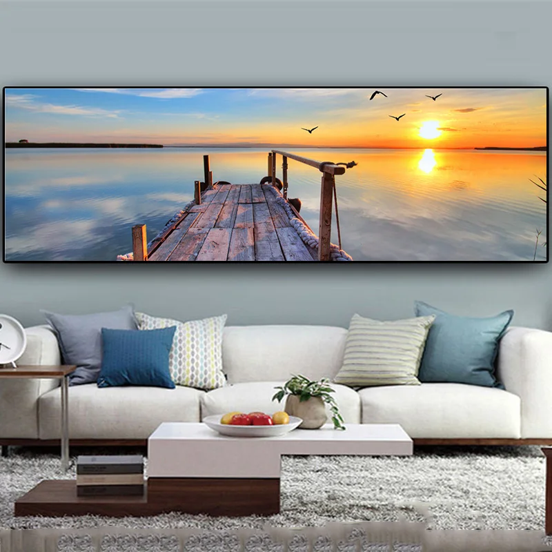 Натуральный Деревянный мост на закате пейзаж холст живопись постеры и принты