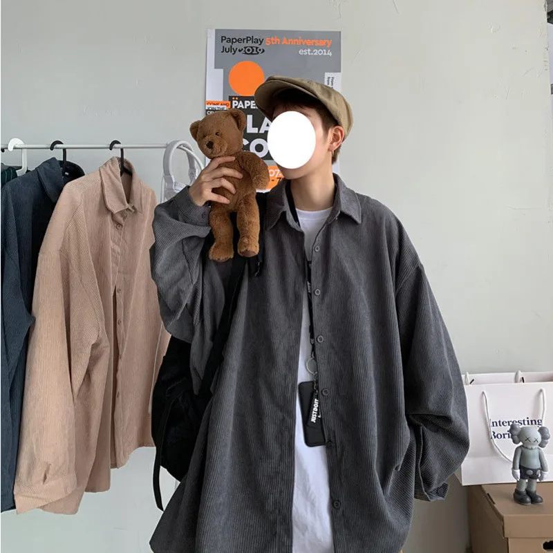 Autumn Corduroy Shirt Men's Fashion Solid Color Retro Casual Shirts Mens Streetwear Wild Loose Long-sleeved Shirt Men M-2XL