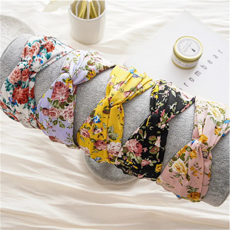 

Top Knot Turban Twist Hairband Retro Elastic Hair Hoop Headwrap Headband For Women Print Headdress Accessories Floral Cross