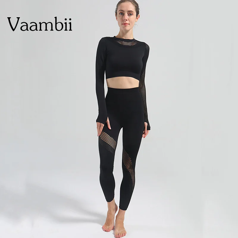 

Women's Mesh Tracksuit Set Women Seamless Long Sleeve Crop Top Female Fitness High Waist Leggings T-shirt Set Woman Tracksuits