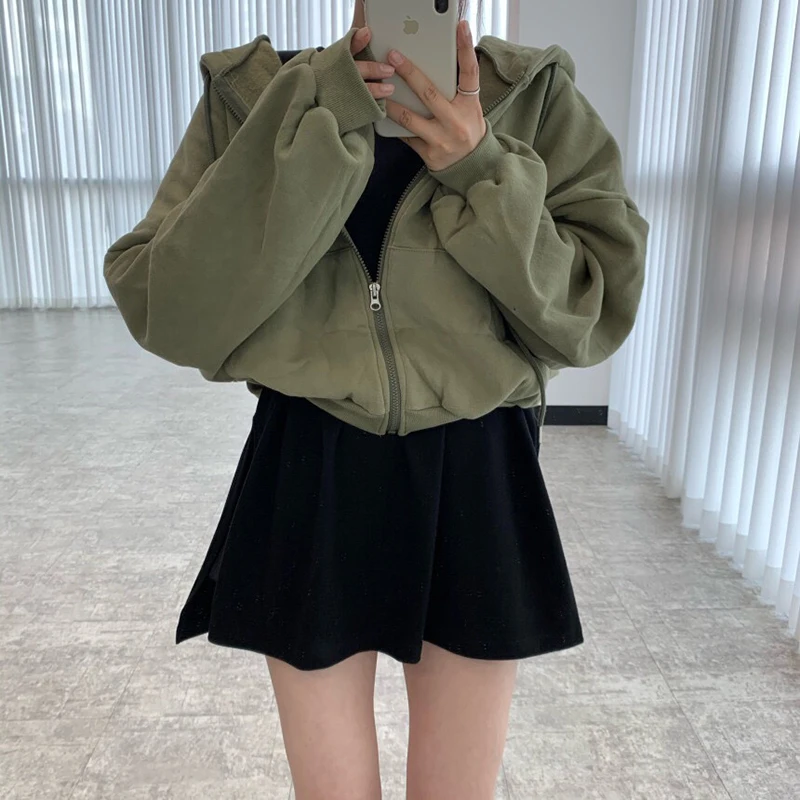 

2021 spring and winter all-match casual loose and velvet drawstring hooded zipper short sweater cardigan jacket women