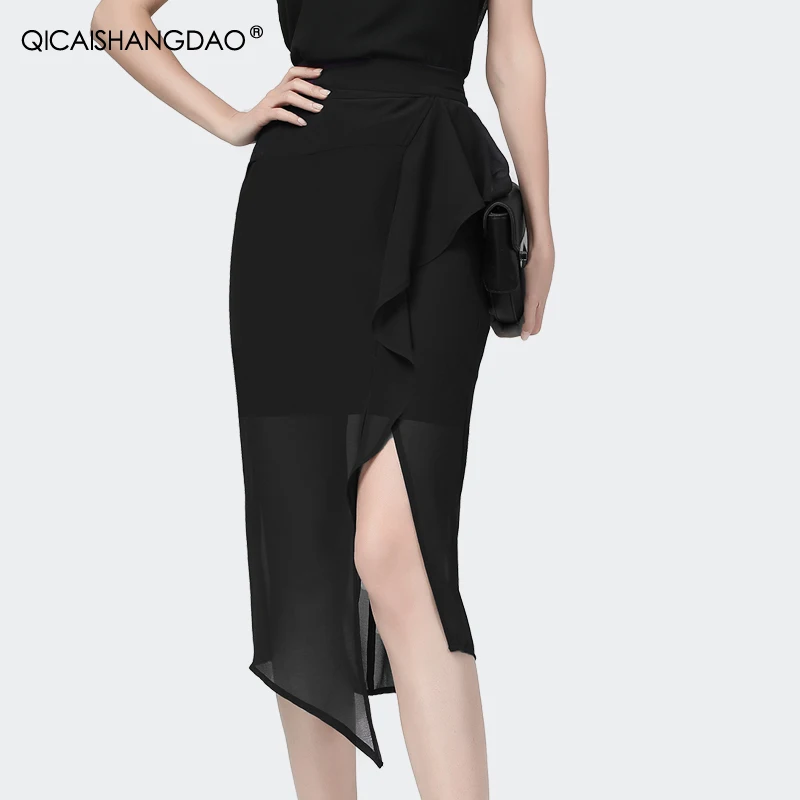 Юбка-карандаш женская шифоновая с высокой талией модная пикантная элегантная