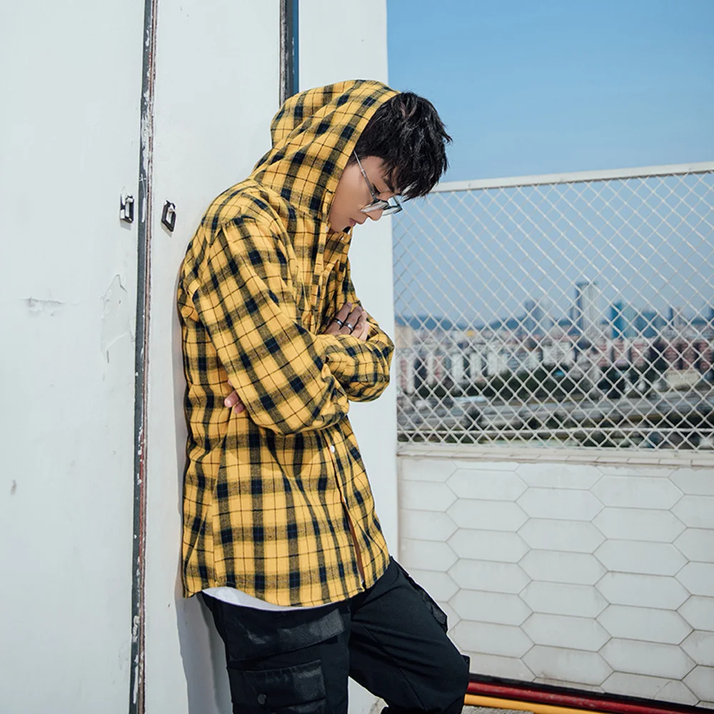 

Spring Autumn Cotton Black Yellow Plaid Hoodie Shirt Fashion Plaid Long Sleeve Shirt New Men Women Street Casual Shirt MCL247