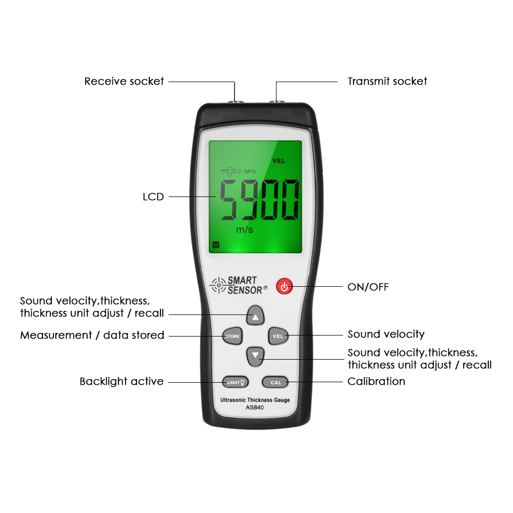 Цифровой ультразвуковой толщиномер/измеритель скорости звука/тестер глубины