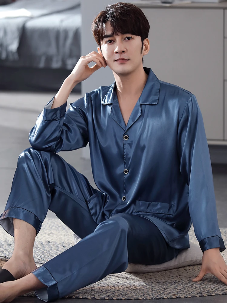 Spring Men Pajamas 2 Pcs Ice Silk Sleepwear Set Solid Home Pants Blue Pijamas Long Sleeve Pjs Bedgown Homme Bedroom Pyjamas Suit
