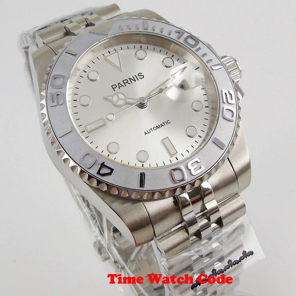 Мужские автоматические наручные часы PARNIS 40 мм серебристый циферблат сапфировый