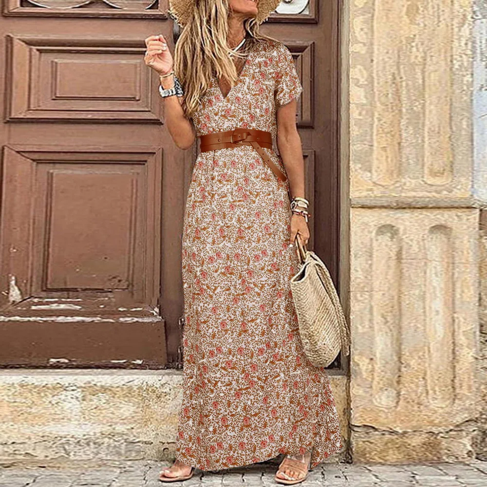 

Fashion Boho Dress Long Dress Women Casual V Neck Short Sleeve Retro Print Belt Hem Beach Dresses Elegant Sundress Robe Femme