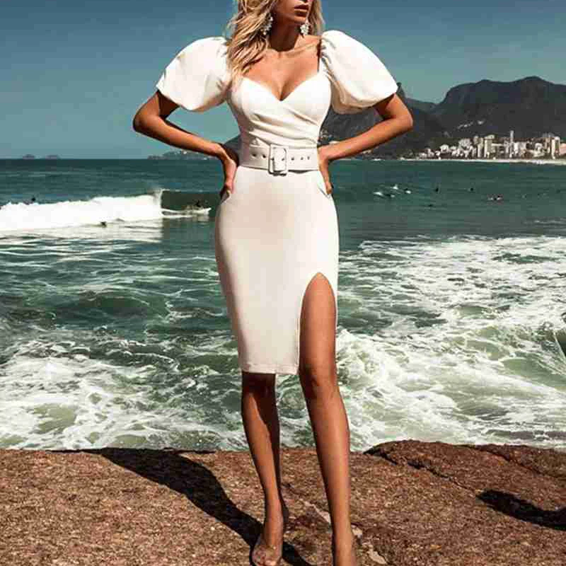 Женское платье с разрезом Max Spri облегающее коротким рукавом и поясом новинка 2020 |