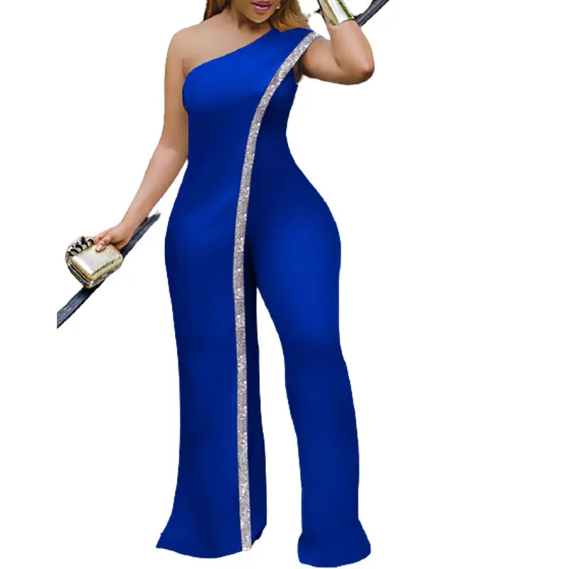 

New Bright Bar Patchwork One Shoulder Loose One Piece Jumpsuit Women Fashion Streetwear Full Length Jumpsuits Ladies Outfit