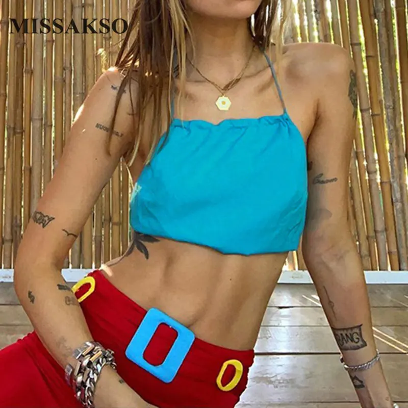 Женский топ без рукавов Missakso однотонный синий укороченный с открытой спиной на