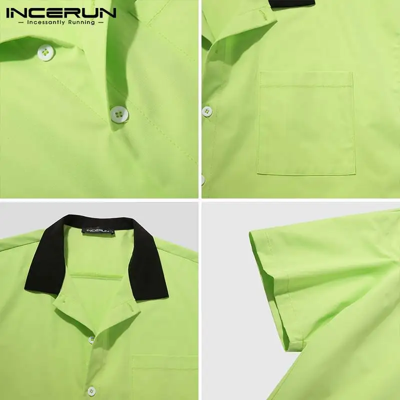 

INCERUN Men Shirt Patchwork Turn Down Collar Short Sleeve Button Casual Camisa Masculina Streetwear Pockets Summer Cargo Shirts